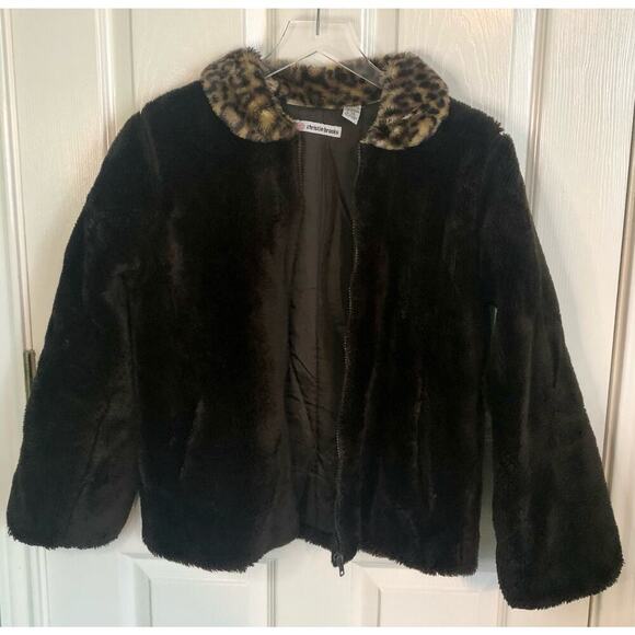 Vintage Christie Brooks Brown Faux Fur Cheetah Collar Jacket Y2K - Girl's L (14) - Picture 7 of 9